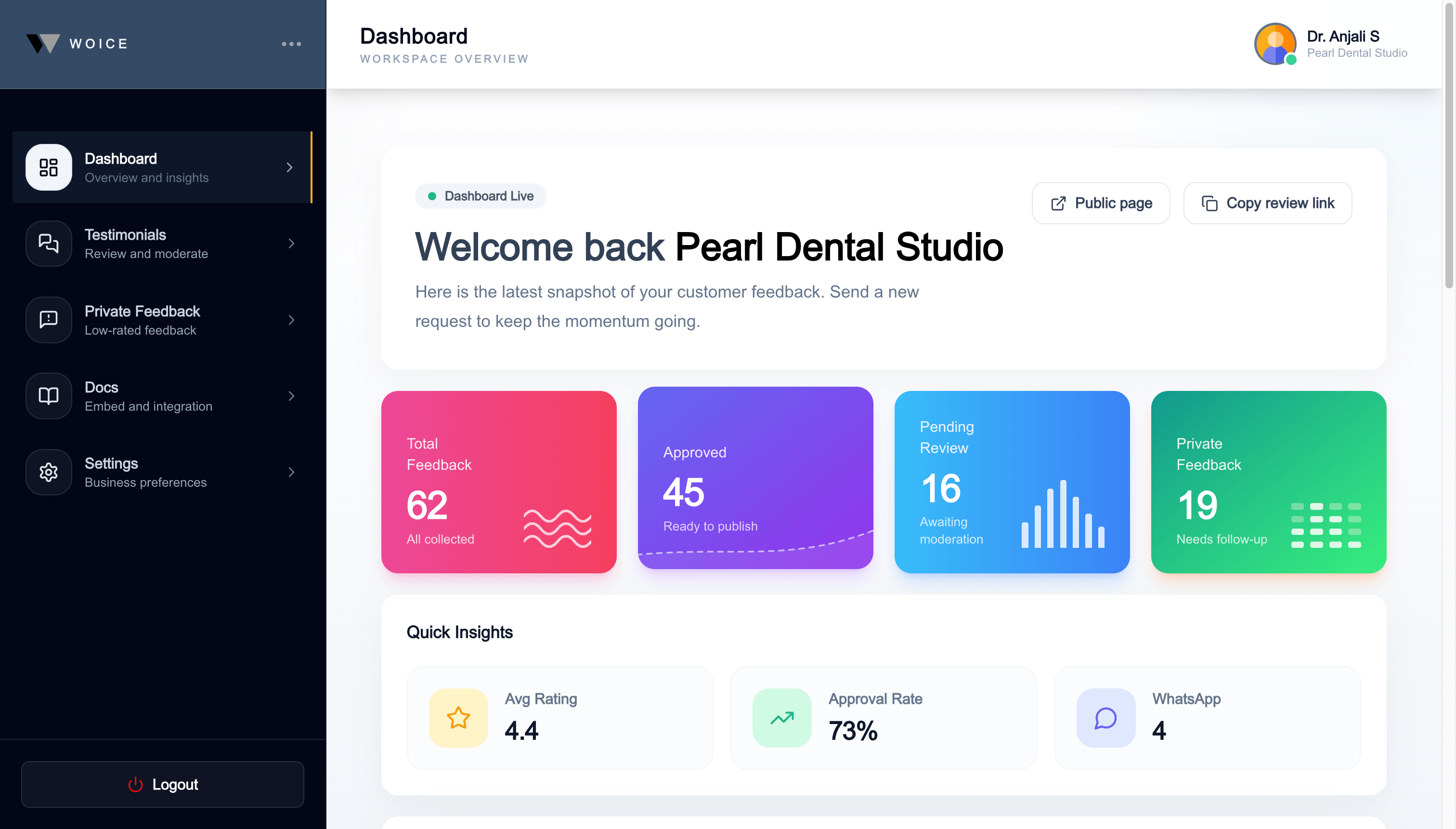 Screenshot of the Woice dashboard showing customer feedback, private complaints, and approved testimonials
